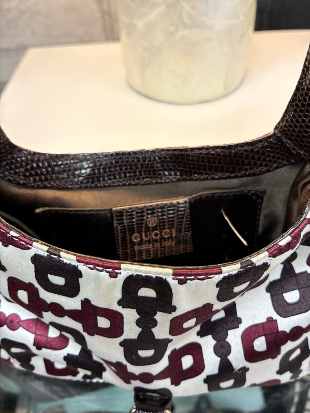 Gucci White Canvas Shoulder Bag with Brown & Burgundy Horsebit Motif - Picture 6 of 7